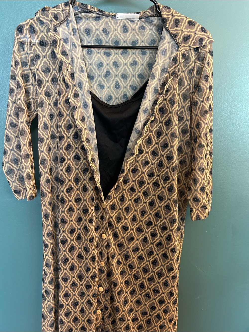 Long-Sleeve Printed Button-Front Women’s Vintage sheer Dress in Beige and Black